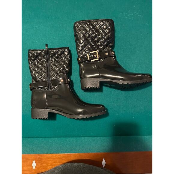 Alexis Leroy Black Quilted Rain Boots Women’s 39 US 8 Stud Buckle Mid-Calf - Picture 2 of 7